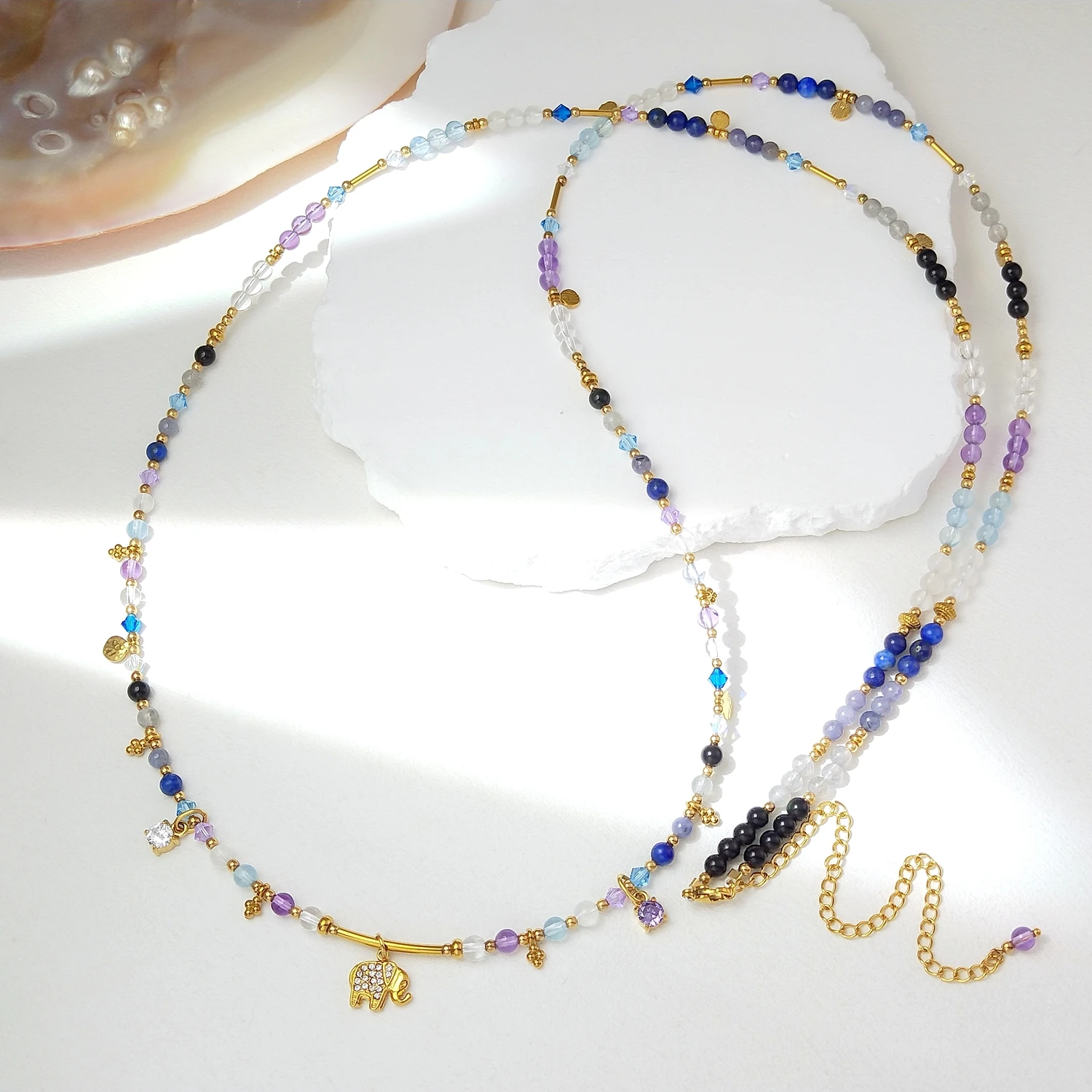 Lii Ji 4mm Beads Clear Quartz Amethyst Aquamarine Moonstone Lapis Lazuli Tanzanite Stainless Steel Waist Chain 103+12cm