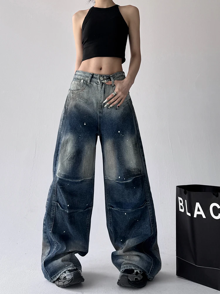 러스틱 와이드 레그 데님 진 여성용 하이웨이스트 루즈 스트레이트 컷 봄 가을 신상 슬레 코튼 엘라스틱 원단