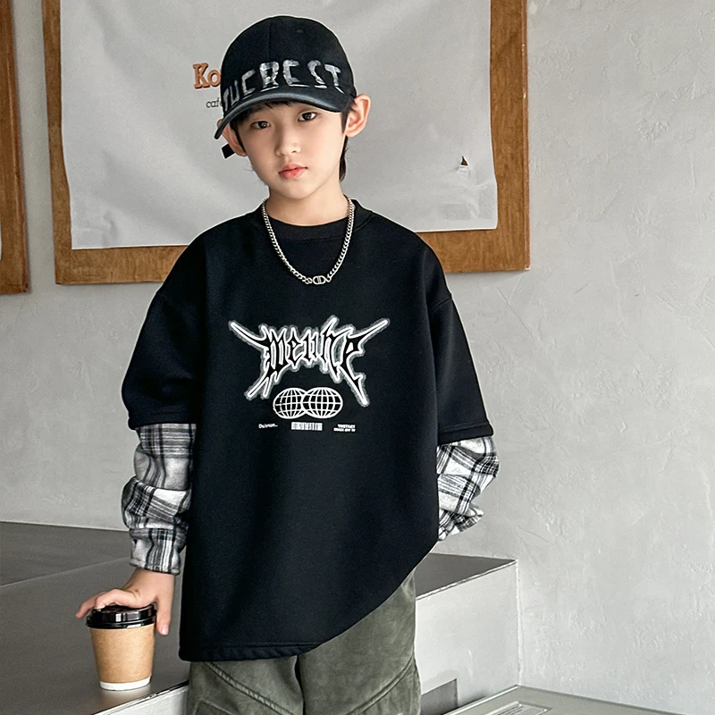 

New Stylish Children Autumn Fake Two Sweatshirt with Plaid Sleeve for Teens Boy Black Sweatershirt Kids Fashion Casual Clothing