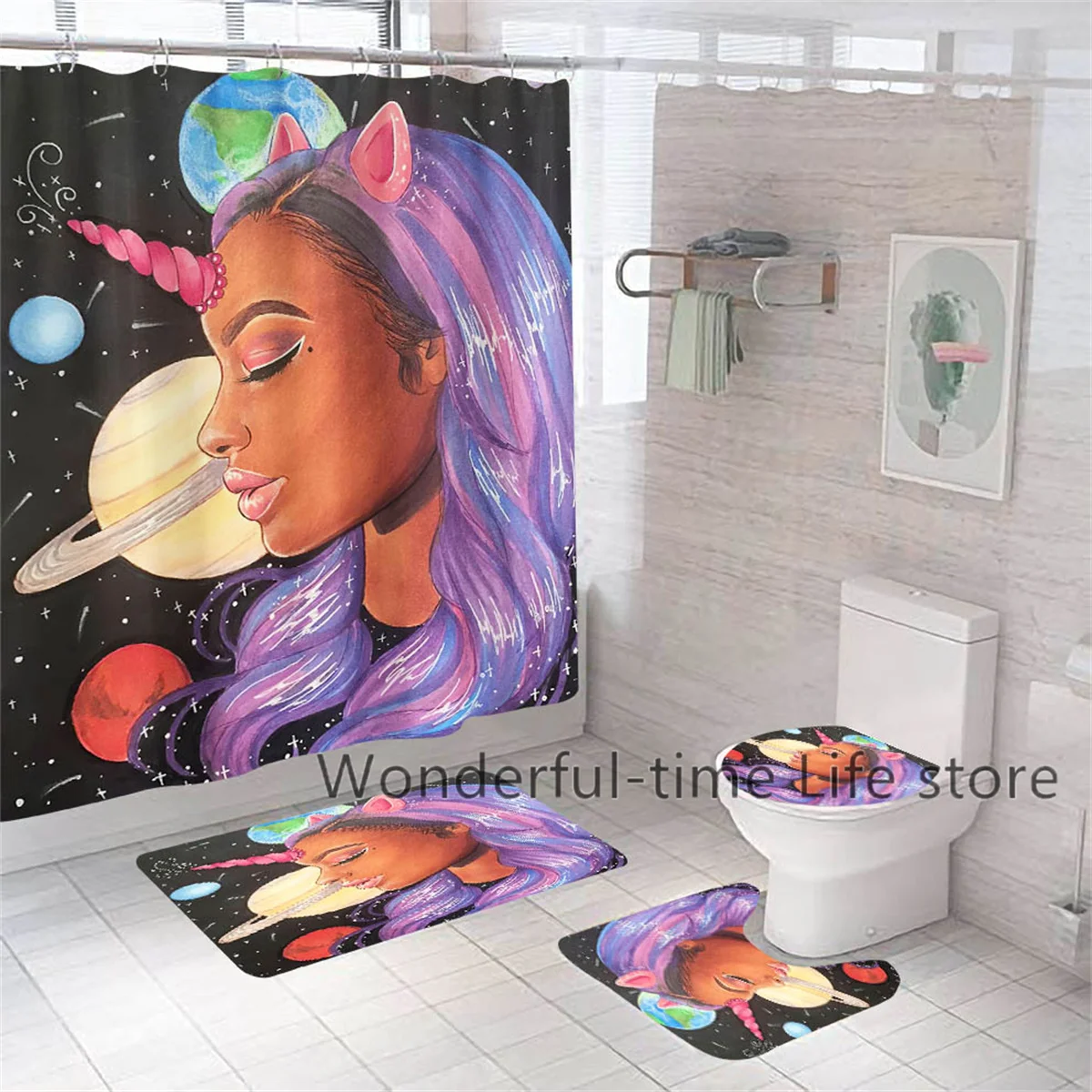 African American Women With Crown Durable Shower Curtain Waterproof Unicorn Girl Curtain Soft Anti-Slip Bath Rugs Toilet Cover