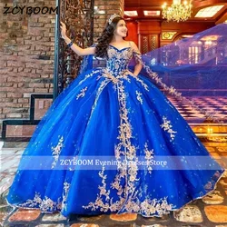 Customized Newest Royal Blue Gold Lace Appliques Spaghetti Straps Quinceanera Dress 2024 Princess Ball Gown Dress With Cape