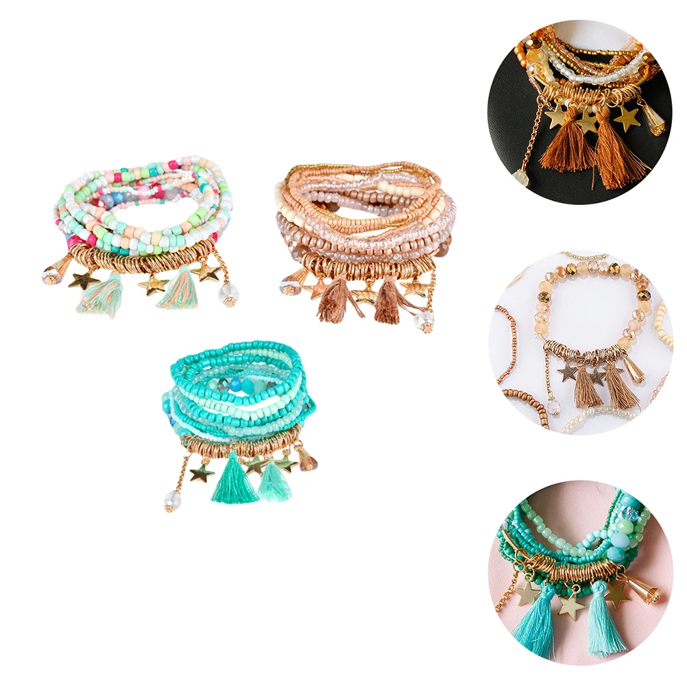 

3 Sets Star Tassel Bohemian Pearl Chain Colorful Accessories Stylish Wrist nament H made Jewelry Women Girls Casual Formal