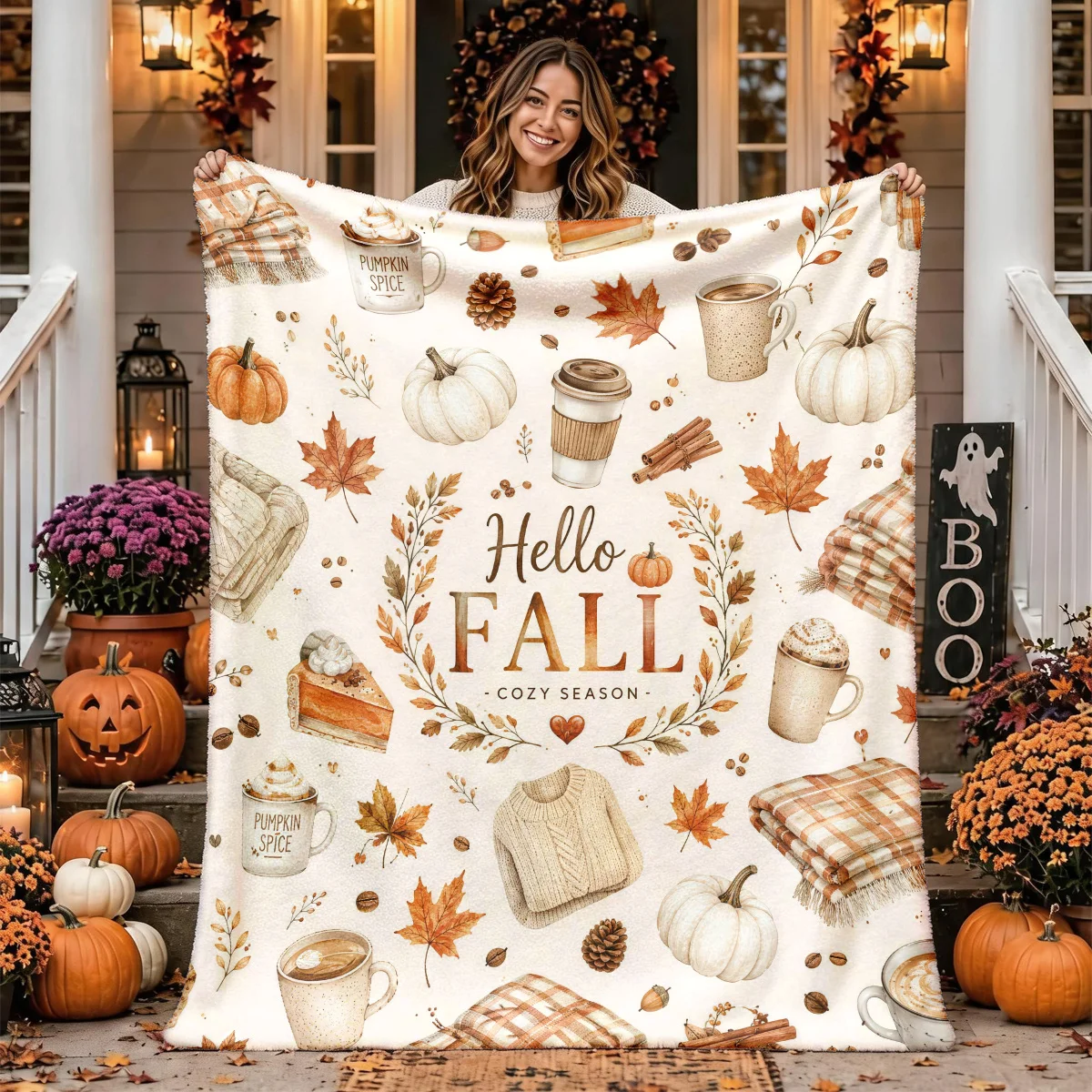 [2D FLAT PRINTING] 1pc Autumn Warm Coffee Pumpkin Plaid Flannel Blanket with Hand-Painted Theme - Large Size, Soft, Lightweight,