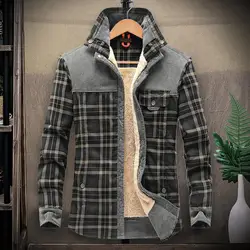 Homens Camisas De Inverno Jaquetas Com Capuz Lapela Manga Longa Plaid Bolsos Single Breasted Casaco Forro De Lã Espessado Algodão Outerwear