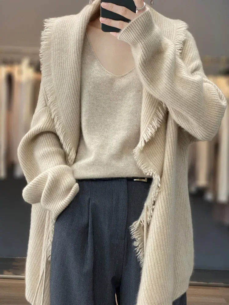 

100% Wool Cashmere Women's Cardigan Sweater Casual Loose V-Neck Knitted Long Sleeve High End Women's Cardigan Sweater New Patter