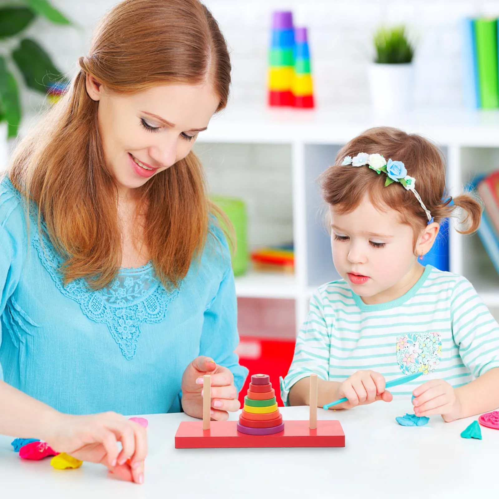 Set di 1 Torre di Anelli in Legno Colorati, Gioco Educativo per Bambini, Sviluppa Creatività, Logica e Coordinazione Occhio-Mano