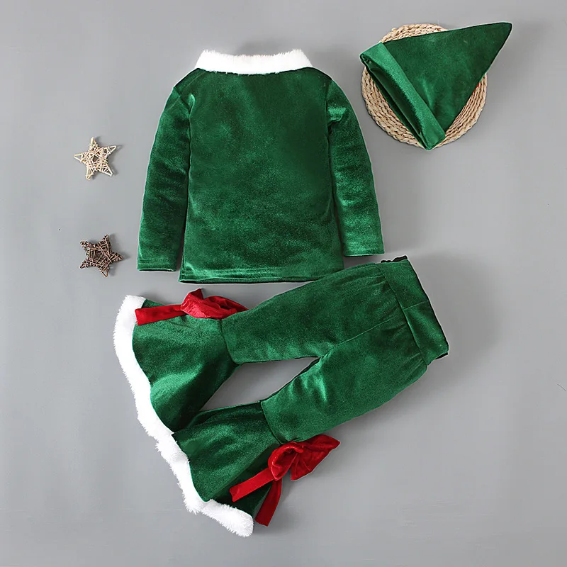 Green Elf Girls Christmas Costume Festival Santa Claus for Kids New Year Children Clothing Set Hat +Top +Pants Xmas Party Outfit