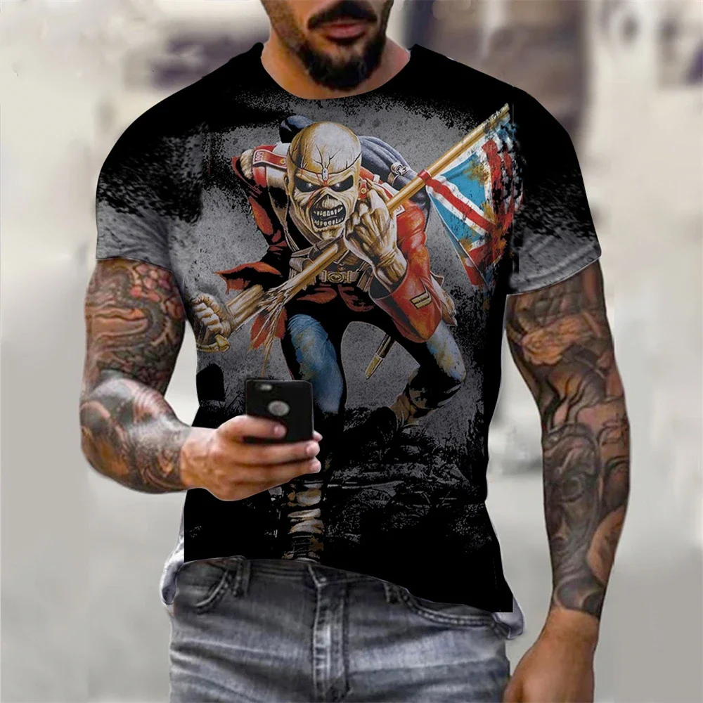 

3D printed men's top, skull print retro devilish short-sleeved, fashionable round-neck, large-sized street T-shirt