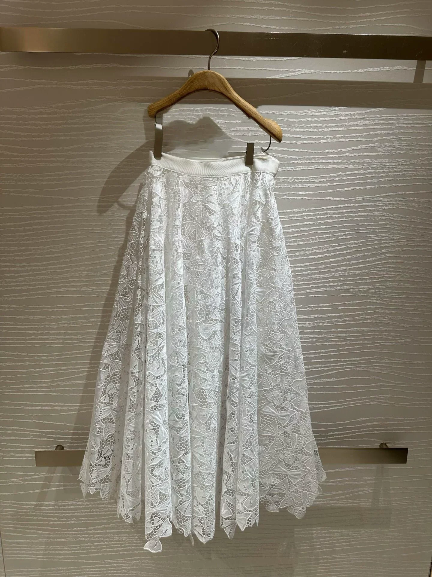 Designer White Silk Embroidered Lace Skirt Women Chic Scalloped Hem High Waist Flowy Elegant A-Line Maxi Vacation Skirts