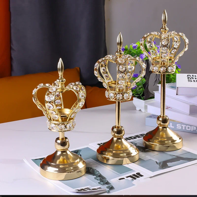European Gold Crown Crystal Candle Holder Metal Glass Tealight Candlesticks Wedding Table Centerpieces Christmas Home Decoration