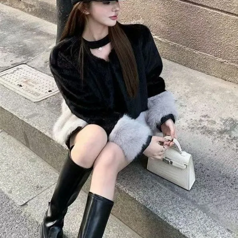 Autumn and Winter Temperament Spliced Korean Style Color-blocked Long-sleeved Flocked Round Neck Cardigan Jacket