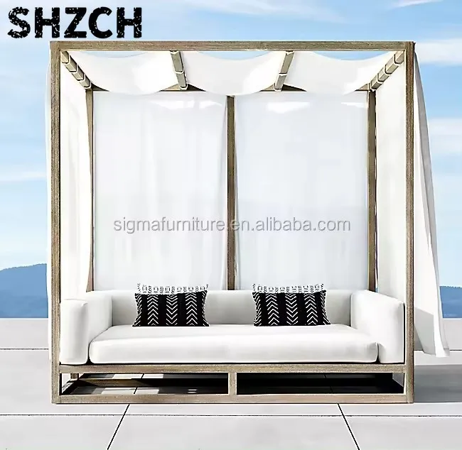 Custom Newest Luxury Garden Furniture Teak Sun Loungers Villa Hotel Solid Wood Canopy Patio Furniture Italian Sunbed Chaise Day