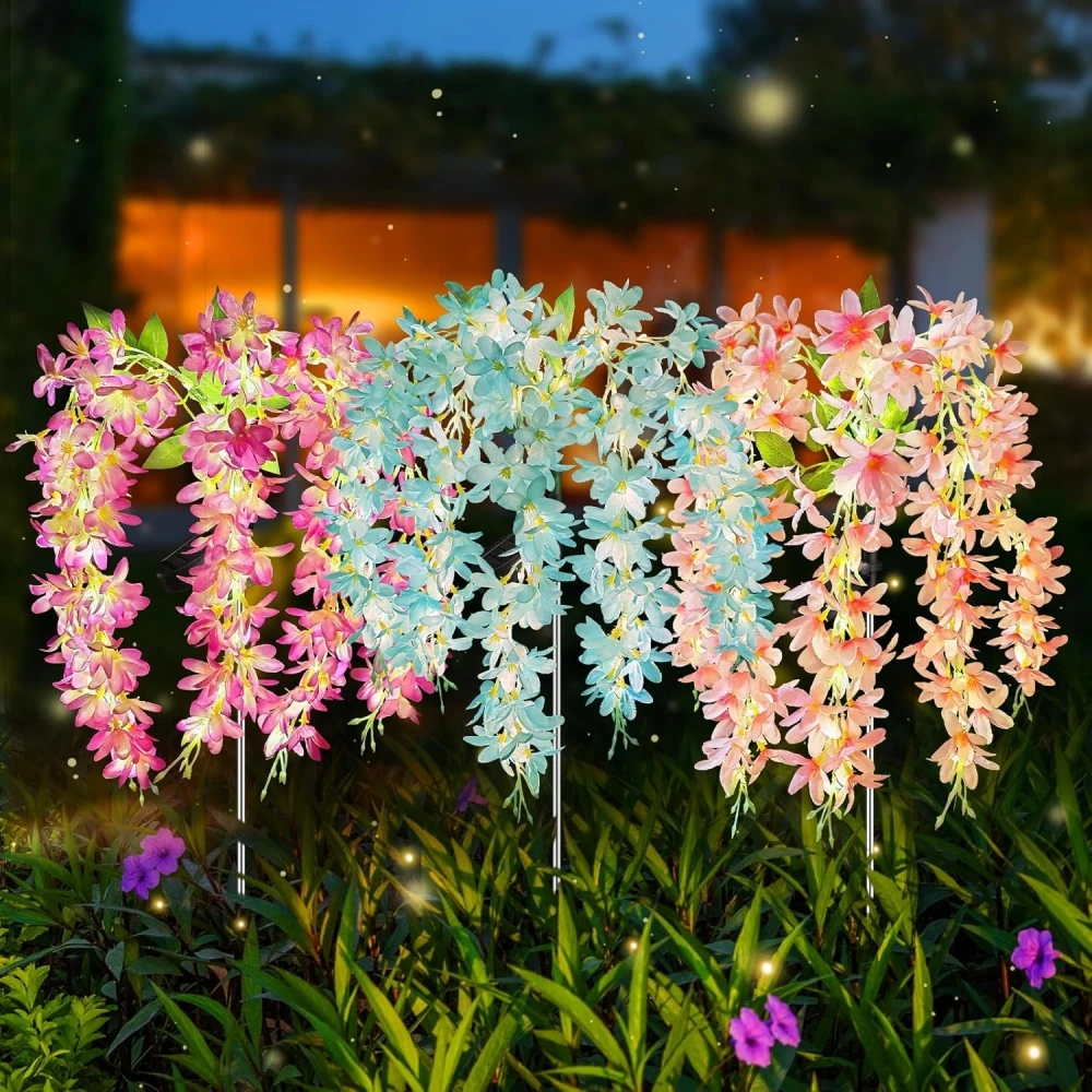 Solar Flowers Outdoor 5 Lilac Flower Vines z 140+ kwiatami Ciepłe światło i 2 tryby oświetlenia do ogrodu, podwórka, dekoracji ścieżek