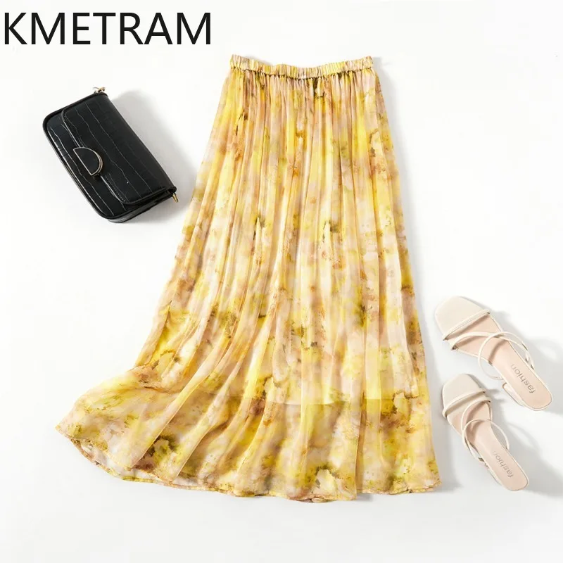 

KMETRAM 100% натуральные шелковые женские юбки из тутового шелкопряда, желтые с цветочным принтом, длинные юбки для летнего отдыха и пляжа, женская одежда 2026