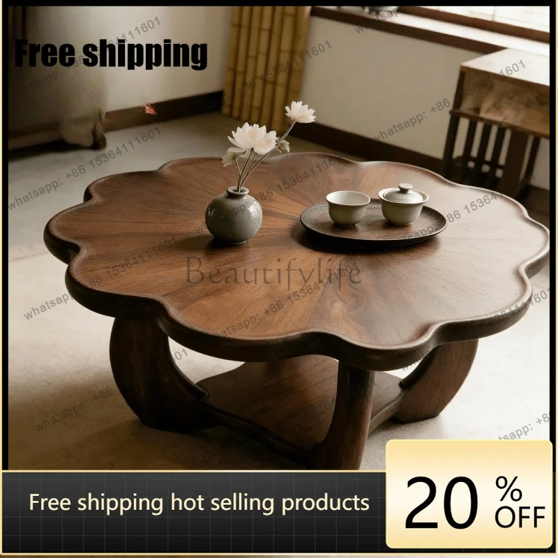 YJ New Chinese Song Aesthetics Black Walnut Flower Coffee Table Special Shaped Custom Furniture For Villa Living Room