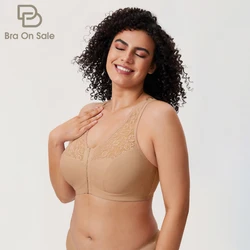 Frauen Sheer Spitze Front Verschluss Bh Baumwolle Plus Größe Full Coverage Wirefree Racerback