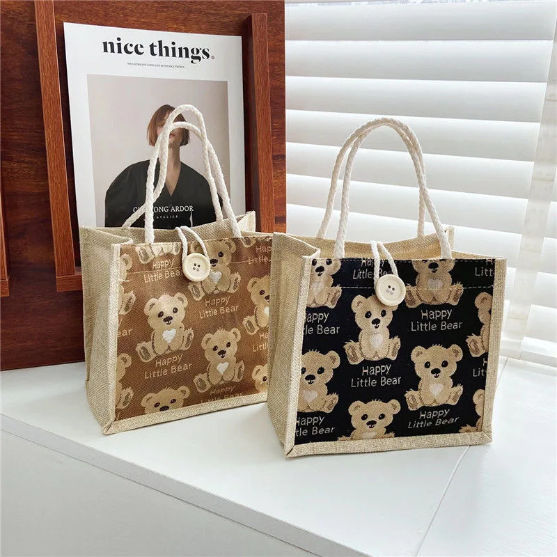 New Linen Handbag Portable Large Capacity Handbag Bear Student Lunch Bag Small Fresh Shoulder Handbag
