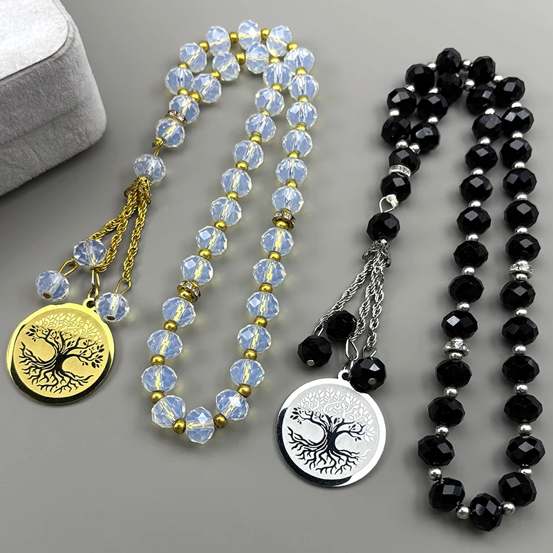 

Tree Of Life Medal Car Pendant For Women Men Stainless Steel Gold Color Faith Amulet 33 Prayer Glass Beads Keyring Jewelry Gift