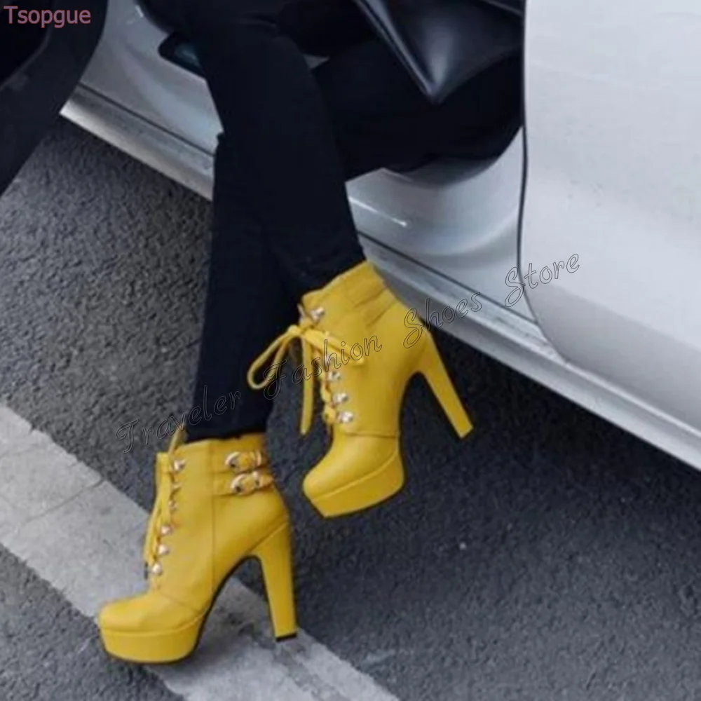 Yellow Platform Lace up Boots Stilettos High Heels Ankle High Heel Shoes for Women Fashion Heels 2024 New Zapatos Para Mujere