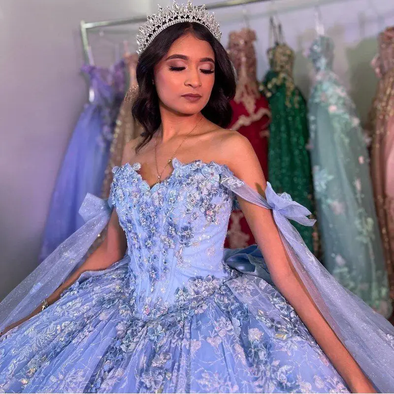 تخصيص الكرة الزرقاء ثوب Quinceanera فستان قبالة الكتف ثلاثية الأبعاد الزهور يزين الديكور مشد Vestidos Para XV Anos YQD331