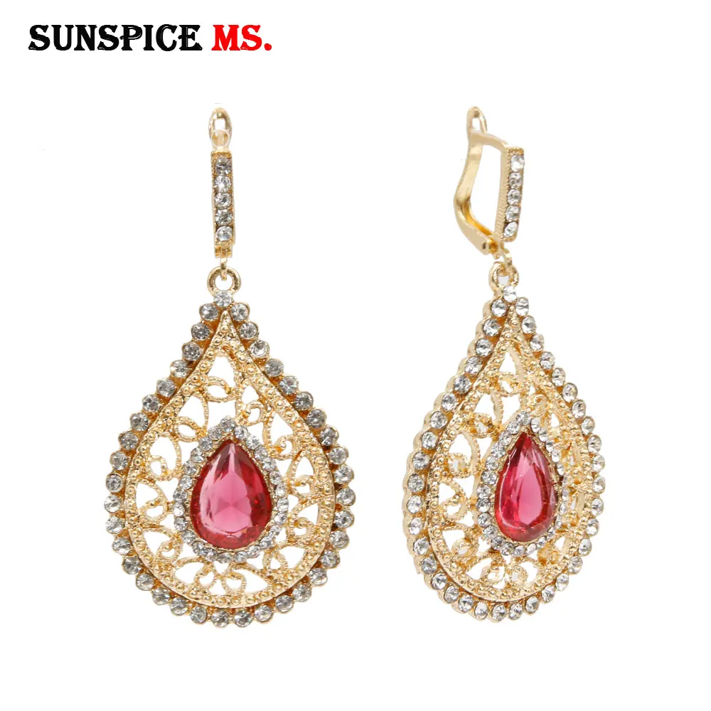 Sunspicems Gold Color Crystal Algeria Morocco Earring For Women Arab Ethnic Wedding Jewelry Drop Water Dangle Earring Bride Gift