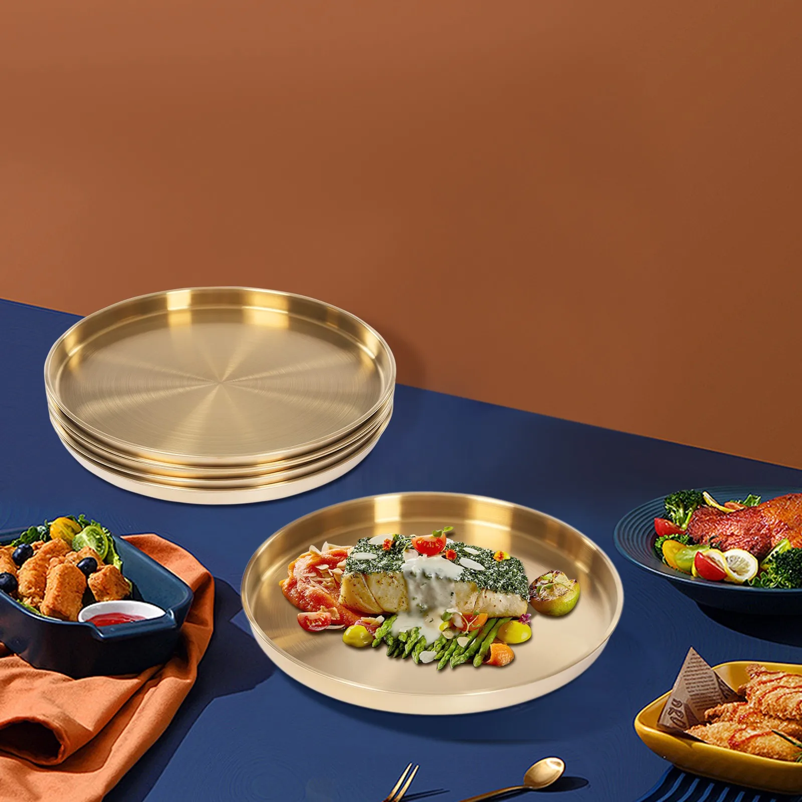 

6pcs Golden Round Trays, 201 Stainless Steel Serving Trays w/ 2.7cm Height, Elegant Appetizer Dessert Plates for Party Catering