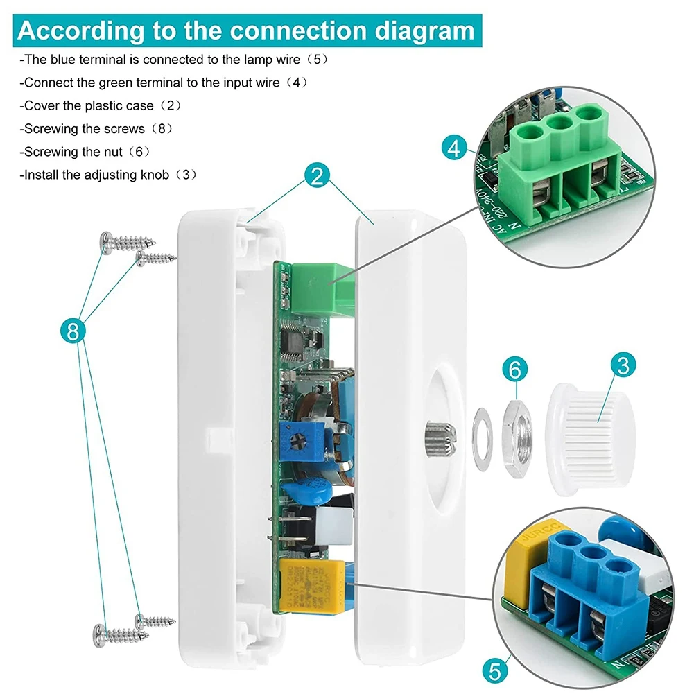 A93Z Inline LED Dimmer Switch, Built-In Rotary ON/OFF And Knob Control Dimmer For Dimmable 3-100W LED/Incandescent