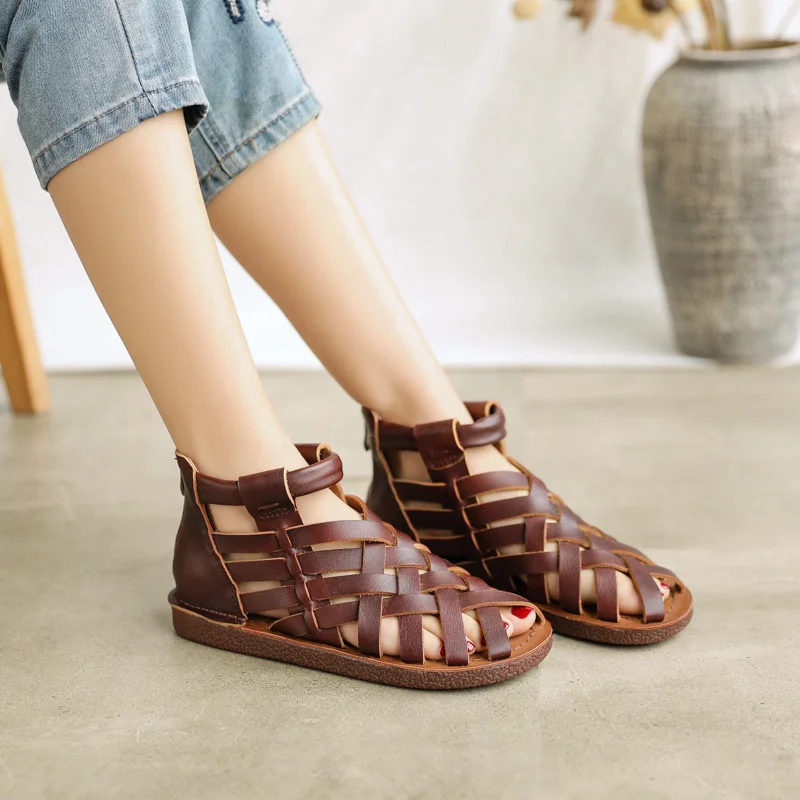 Genuine Leather Women sandals Handmade weaving Flats Casual Ladies Shoes Hollow Peep Toe Outdoor Sports Women Flat Shoes