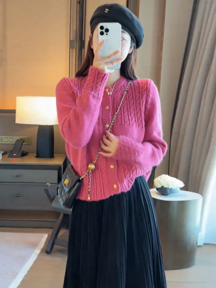 

Ort Вязаный кардиган женский Faion Pink Twist осенне-зимняя верхняя одежда свитер Thiened Long Sve круглый Ne на одной пуговице