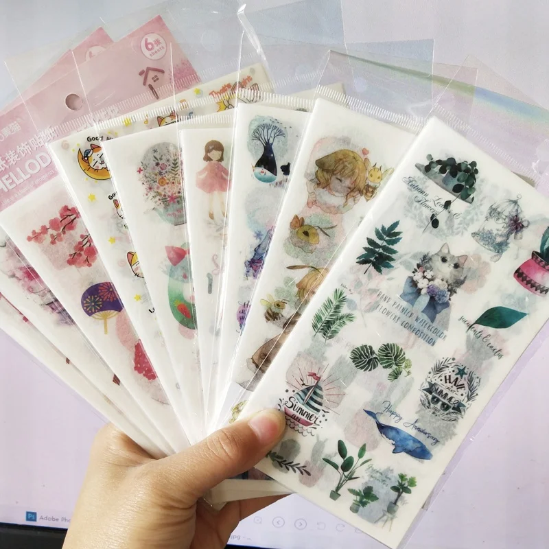 6 Pieces Of Cartoon Cat Butterfly Japanese Style Creative Transparent Stickers Student Stationery Scrapbook Decoration Gifts