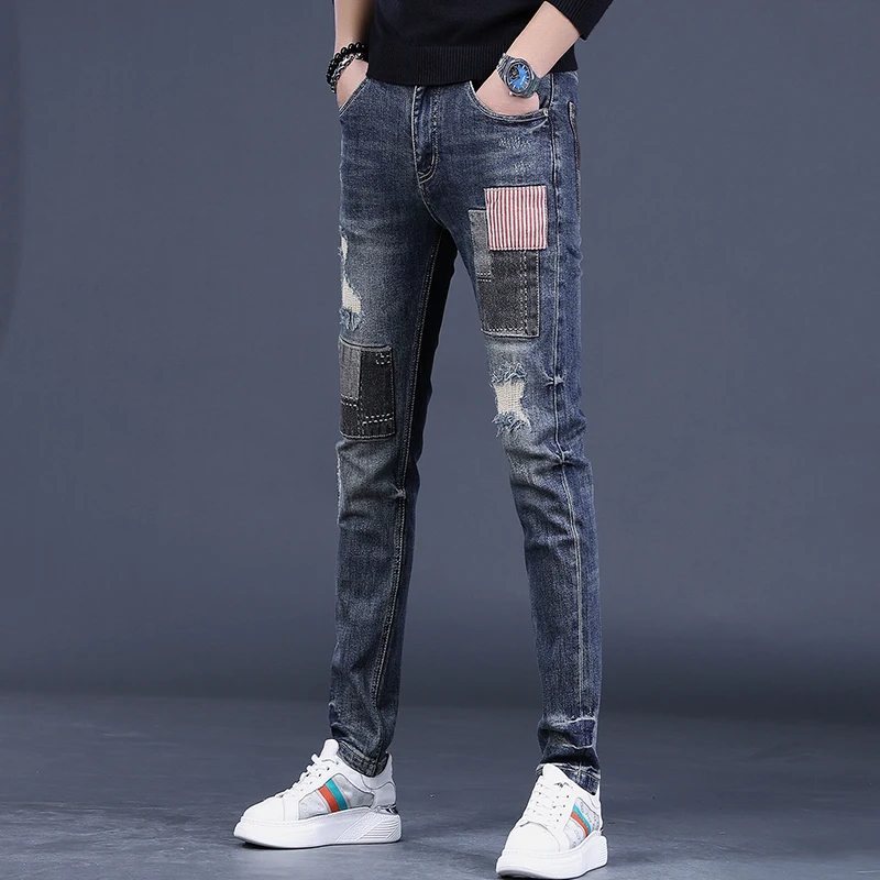 Fashion Ripped Patchwork Jeans Men Casual Blue Slim Fit Straight Pants Streetwear Striped Patch Denim Trousers