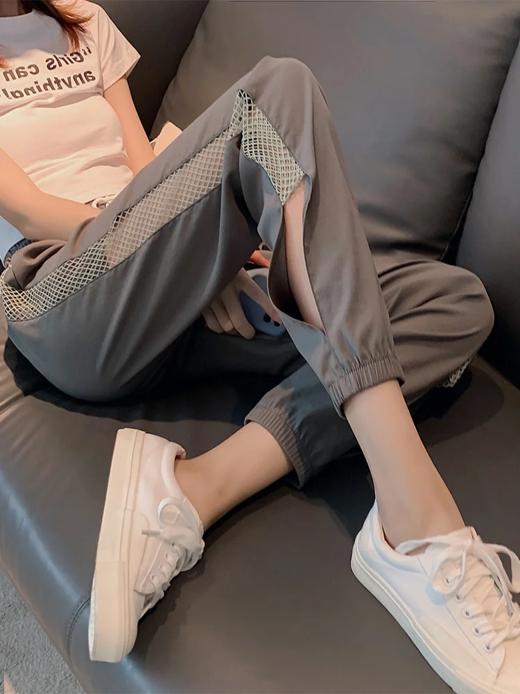 

Женские летние тонкие спортивные брюки из ледяного шелка с быстрым высыханием, новые, на шнурке, облегающие, укороченные (7/8), повседневные, в стиле Харлан, с высокой талией