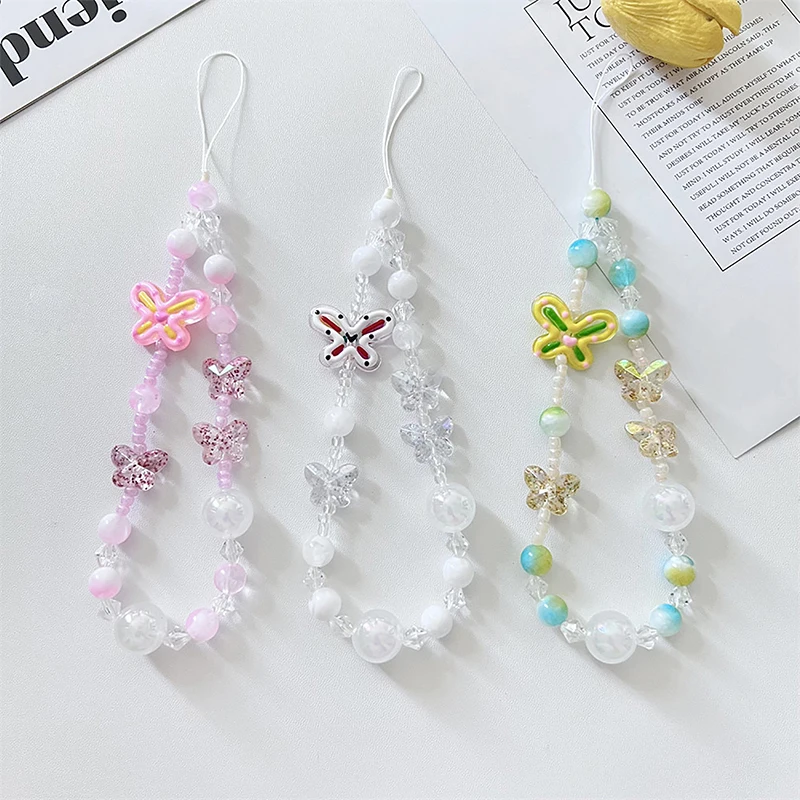 Colorful Bow Phone Chain Short Charm Wrist Strap Keycord Cellphone Lanyard Girl Keychain Mobile Phone Case Hanging Chain