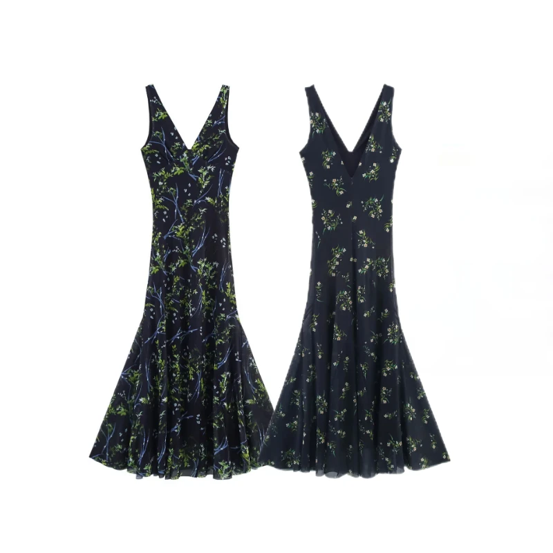 

ZBZA Women's Tulle Floral Print Dress Slim Fit V-neck Sleeveless High Waist Pleated A-line Midi Dress Spring Summer New Chic Top