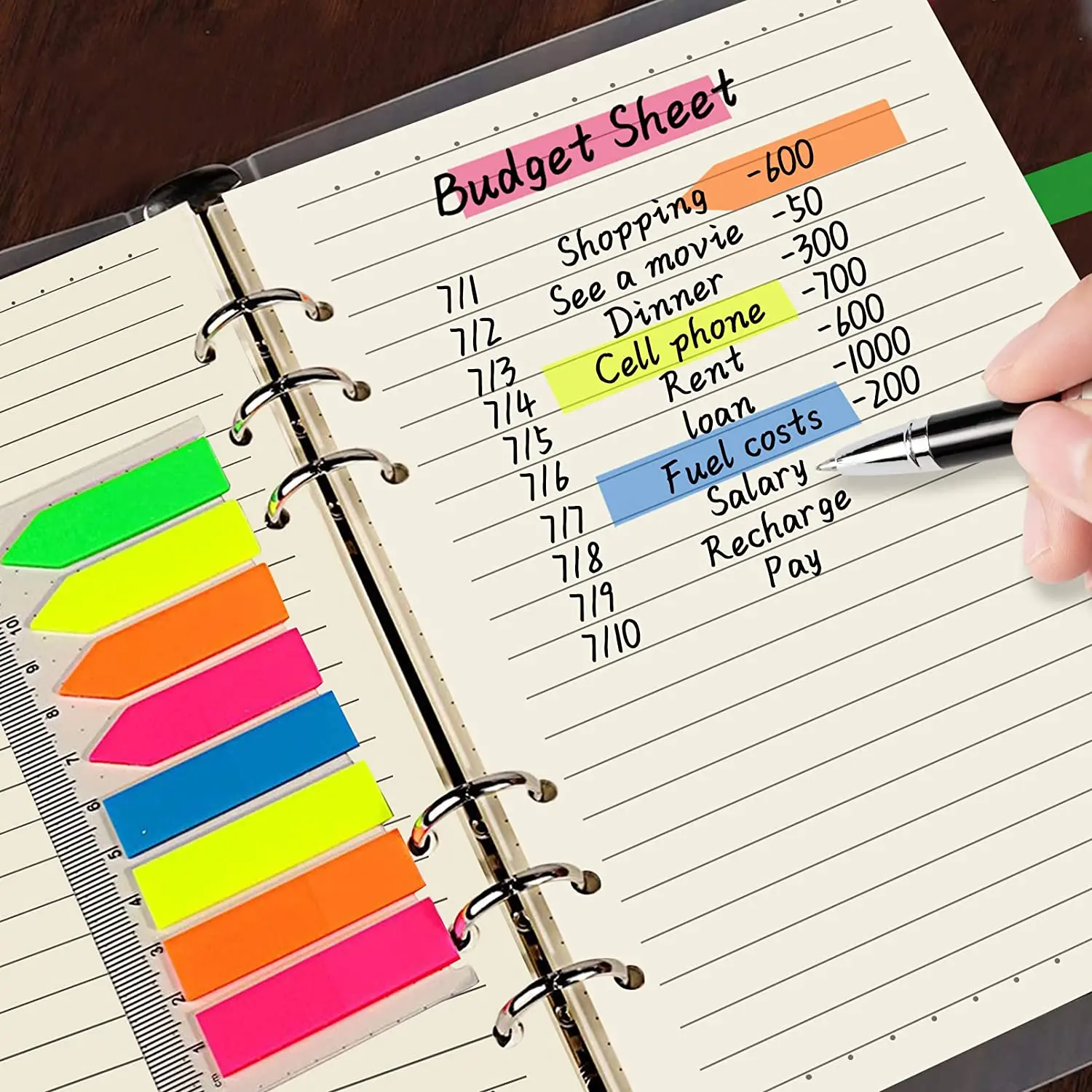 A5 Binder Planner Notebook-5 File Divider,45 Sheets  Loose Leaf Paper,160 Neon Page Marker, 2 Calendar Stickers, Binder Pocket