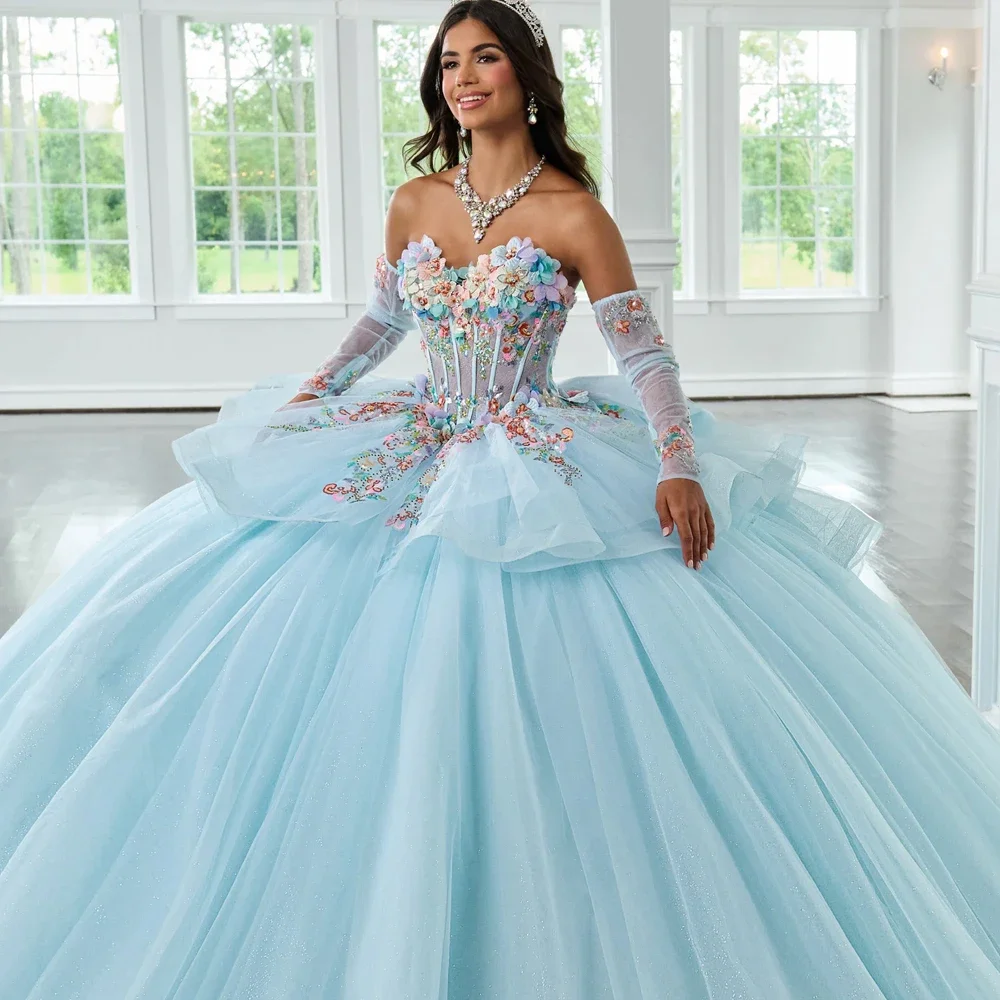 

Новые светло-голубые платья Quinceanera, 2025 год, милое платье для девочек 15–16 лет, платье для дня рождения, милое мексиканское платье с бантом и аппликацией с открытой спиной
