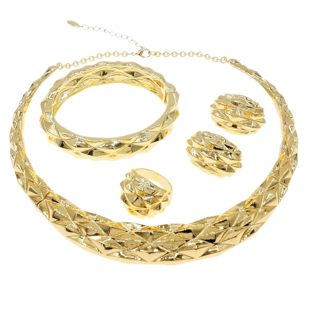 Fine Shiny Unique Dubai 18K Gold Jewelry For Women Necklace Bangle Earrings Ring Smart Fashion 4PC Jewellery Sets wholesale