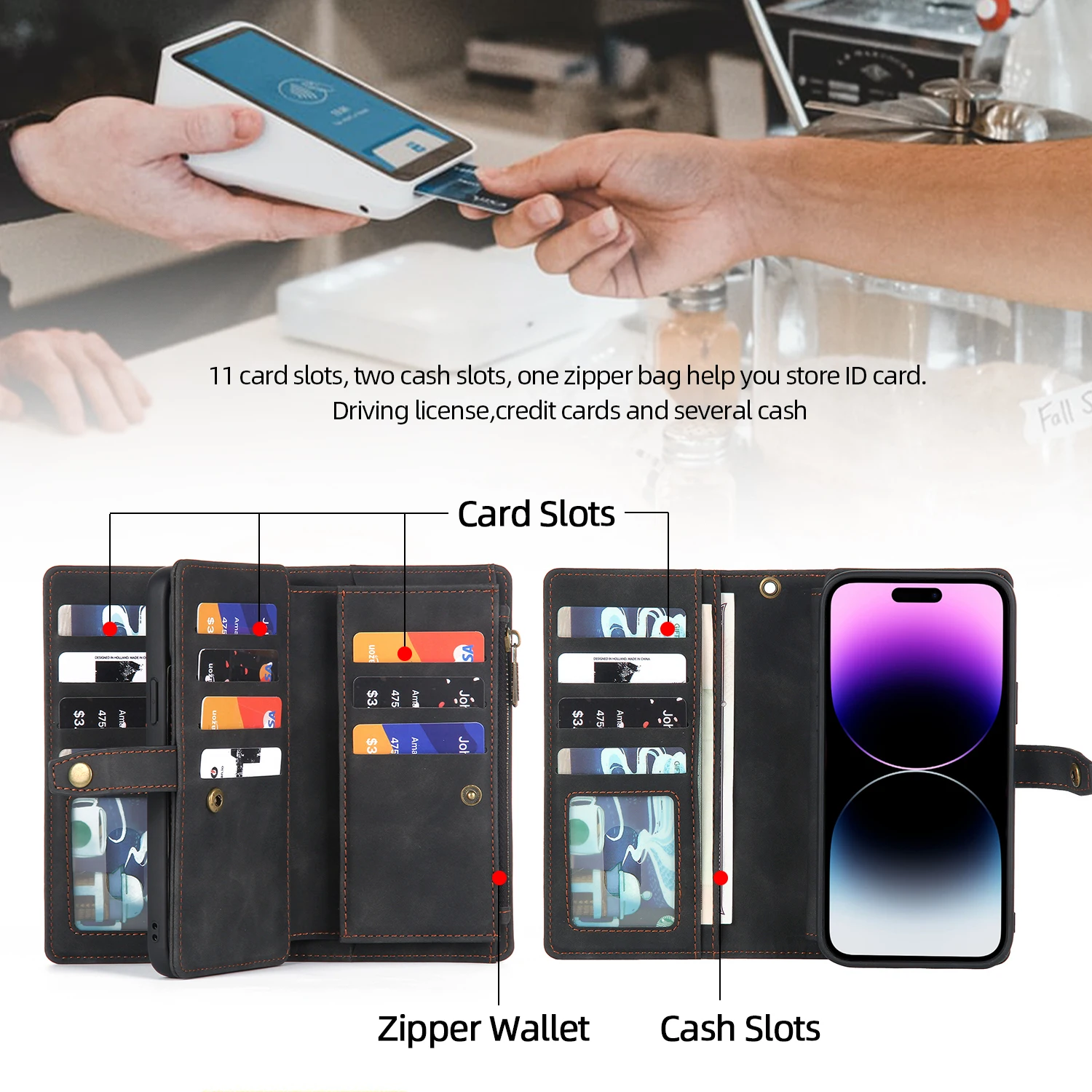 Odpinane magnetyczne skórzane etui na telefon do iPhone'a 12 13 11 14 15 Pro Max Plus X XS Zipper Wallet Card Holder Pocket Cover Coque