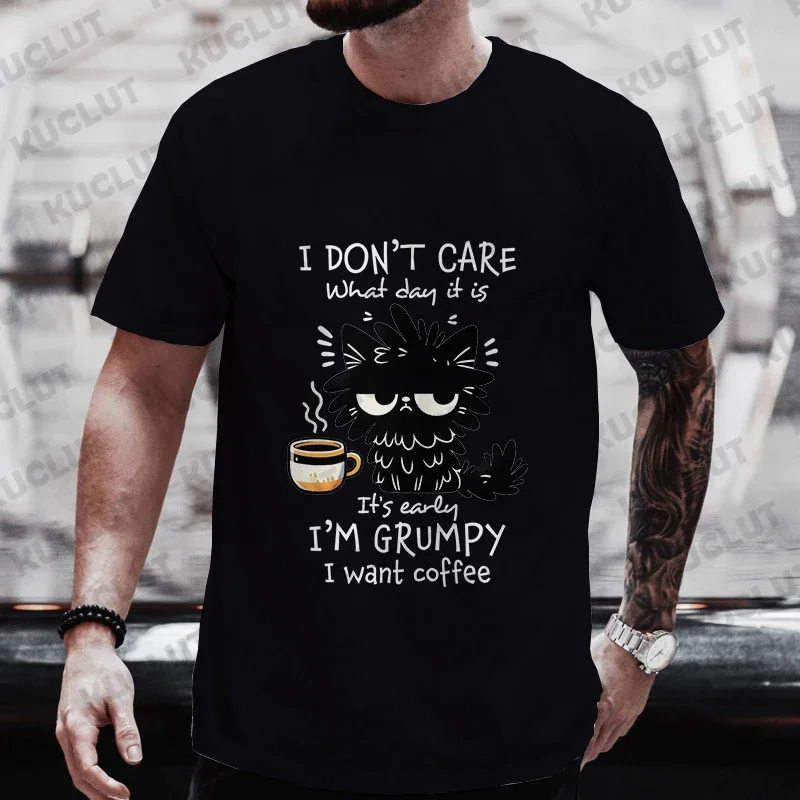 I Want Coffee Men T-Shirt Funny Black Cat Graphic Y2k Tops Short Sleeve Tees Streetwear Oversized Tshirt Cool Gift Mens Clothing