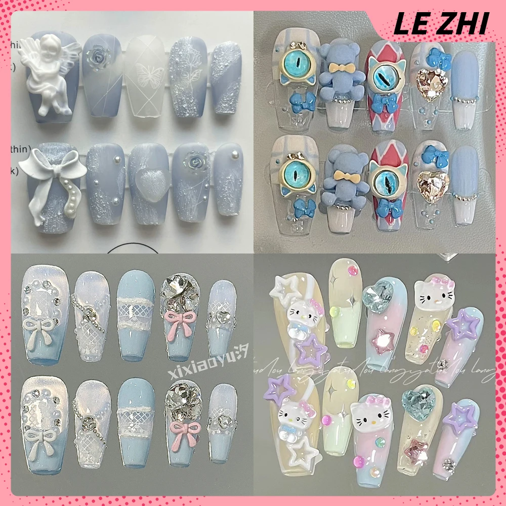 

10Pcs Hello Kitty Cute Long Coffin Fake Nails Light Luxury Sweet Lace Bowknot Cat Eyes Press On Nails Party Gift Nail Sticker