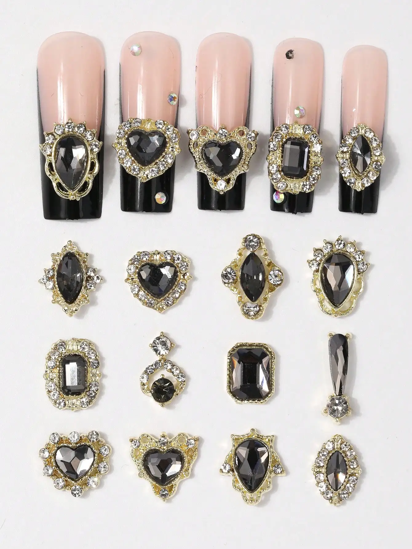 60PCS Goldlegierung Nagel Edelsteine Schwarz Strass Braut Party DIY Nail Art Kit