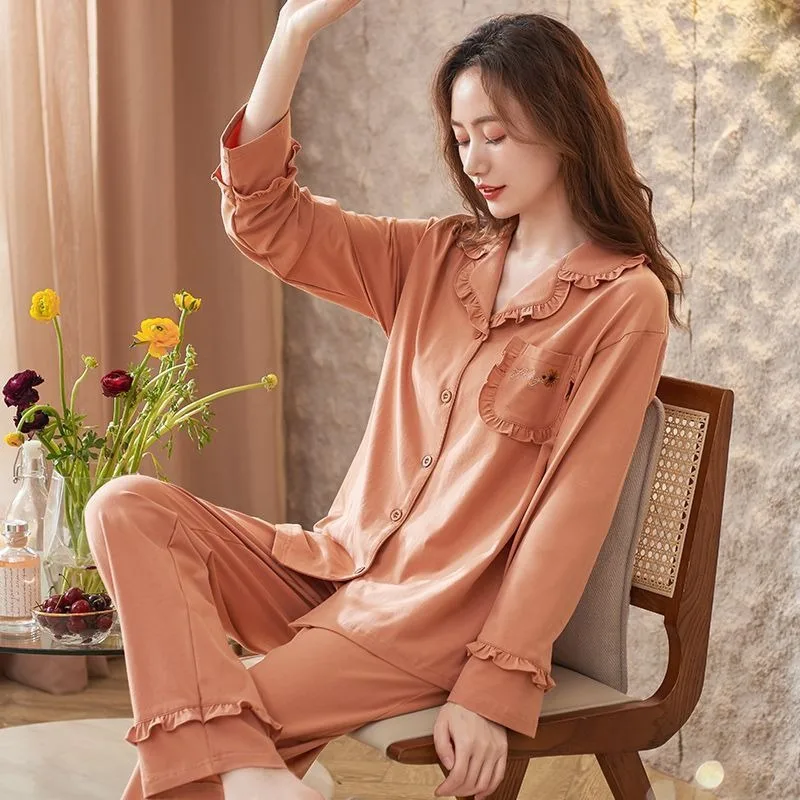 2024 Fahion Pajamas Set Women Spring Autumn Pure Cotton Long Sleeved Loungewear Suit Girls New Cardigan Home Clothing Outfit