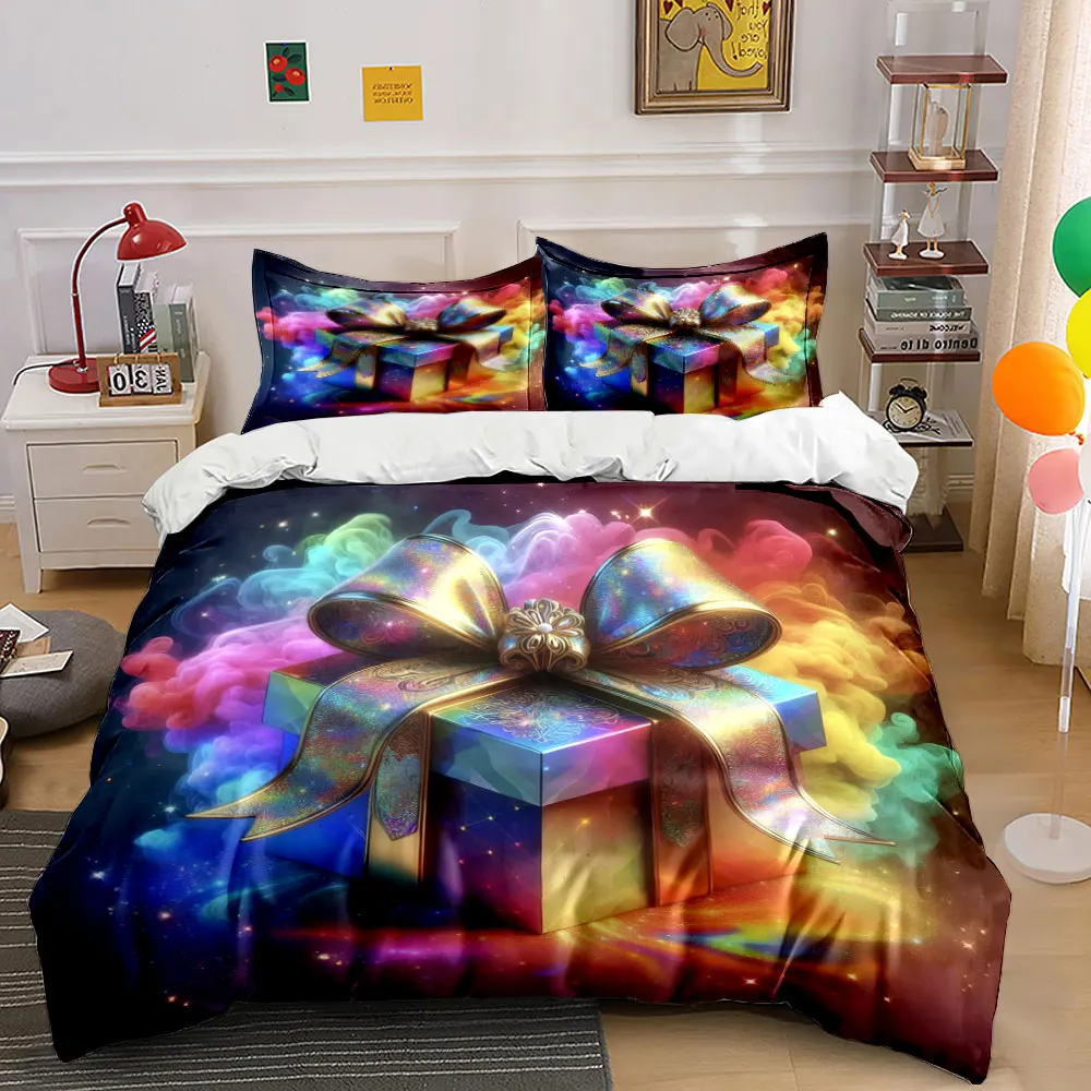 A colorful and magical gift box radiates brilliance Print Duvet Cover Bedding Set Included 1*Duvet Cover 2*Pillowcases