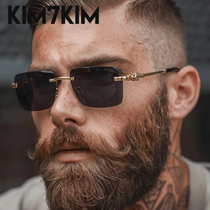 Photochromic Rimless Square Sunglasses Men 2026 Luxury Designer Leopard Head Cut Edge Sun Glasses Vintage Hip Hop Eyewear Shades