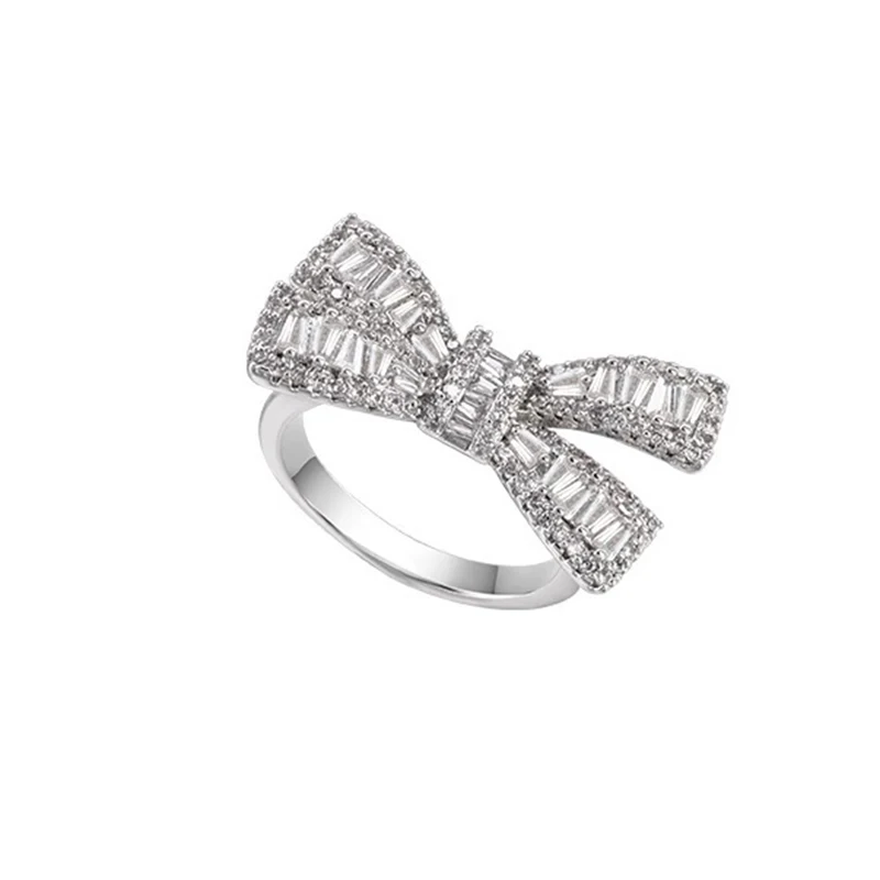 Foxanry Trendy Elegant Bow-knot Ring for Women Couples Sparkling Zircons Ring Wedding Party Jewelry Gifts