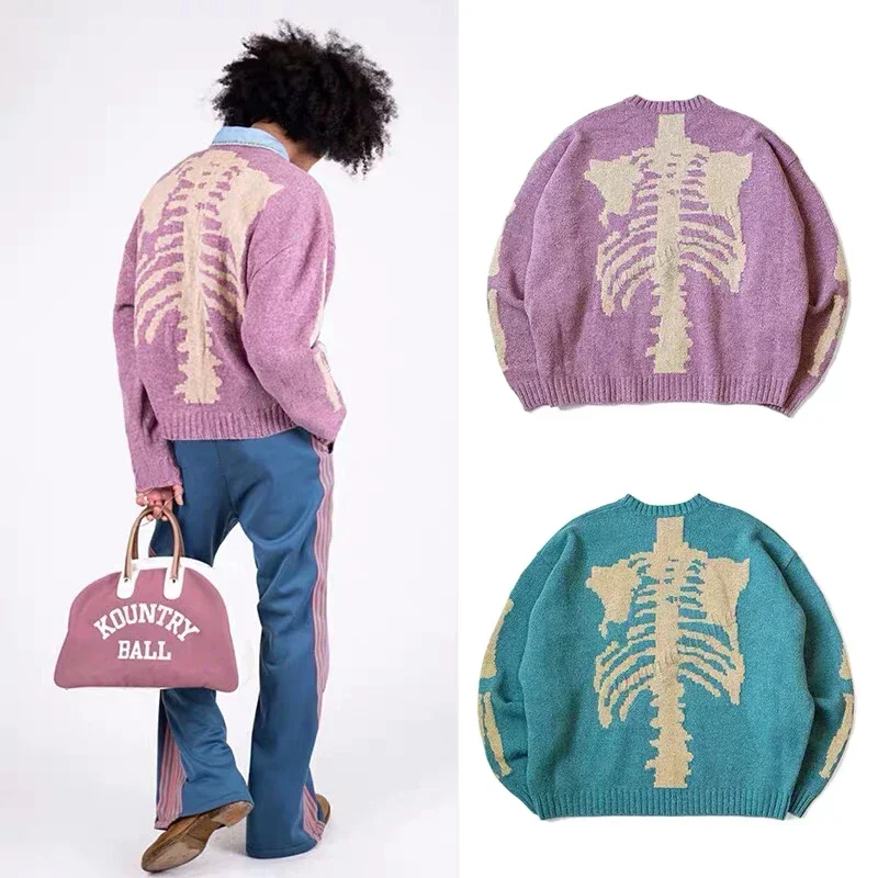 Kapital Vintage Hirata Hiroshi Skeleton Pullover Bone Round Neck Ethnic Knitwear Japanese Printed Loose Sweater for Men