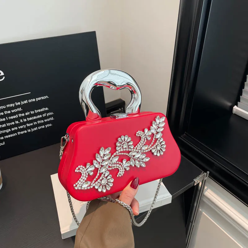 Shiny Rhinestones Evening Clutch Bag For Women Fashion Chain Shoulder Crossbody Bag Trend Box Lipstick Bag Silver Handbag Purse