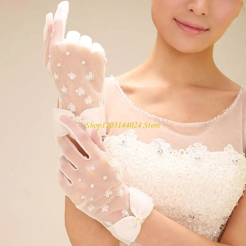 N5KE 1920er-Jahre-Opern-Party-Mesh-Vollfinger-Handschuhe mit Schleife für Sonne zum Schutz, Weiß, M – Detail 6