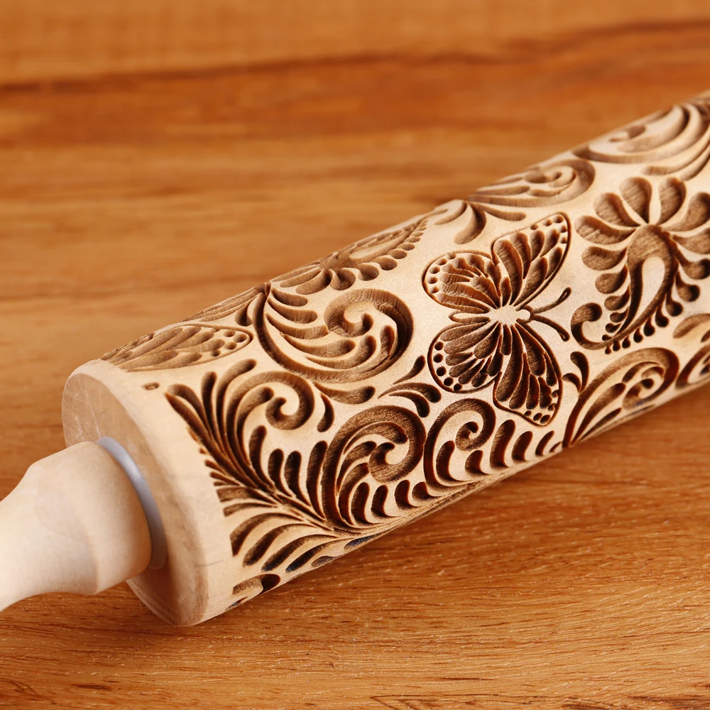 1pc 13.7in Wooden Butterfly Embossed Rolling Pin For Kitchen Pastry Baking Tools Tree Vine Deep Engraving Cookies Stamp Tool