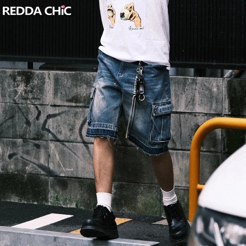 

REDDACHIC Retro Whiskers Baggy Jorts for Men Vintage Punk Hiphop Whiskers Raw Hem Wide Leg Knee Long Denim Shorts Casual Clothes